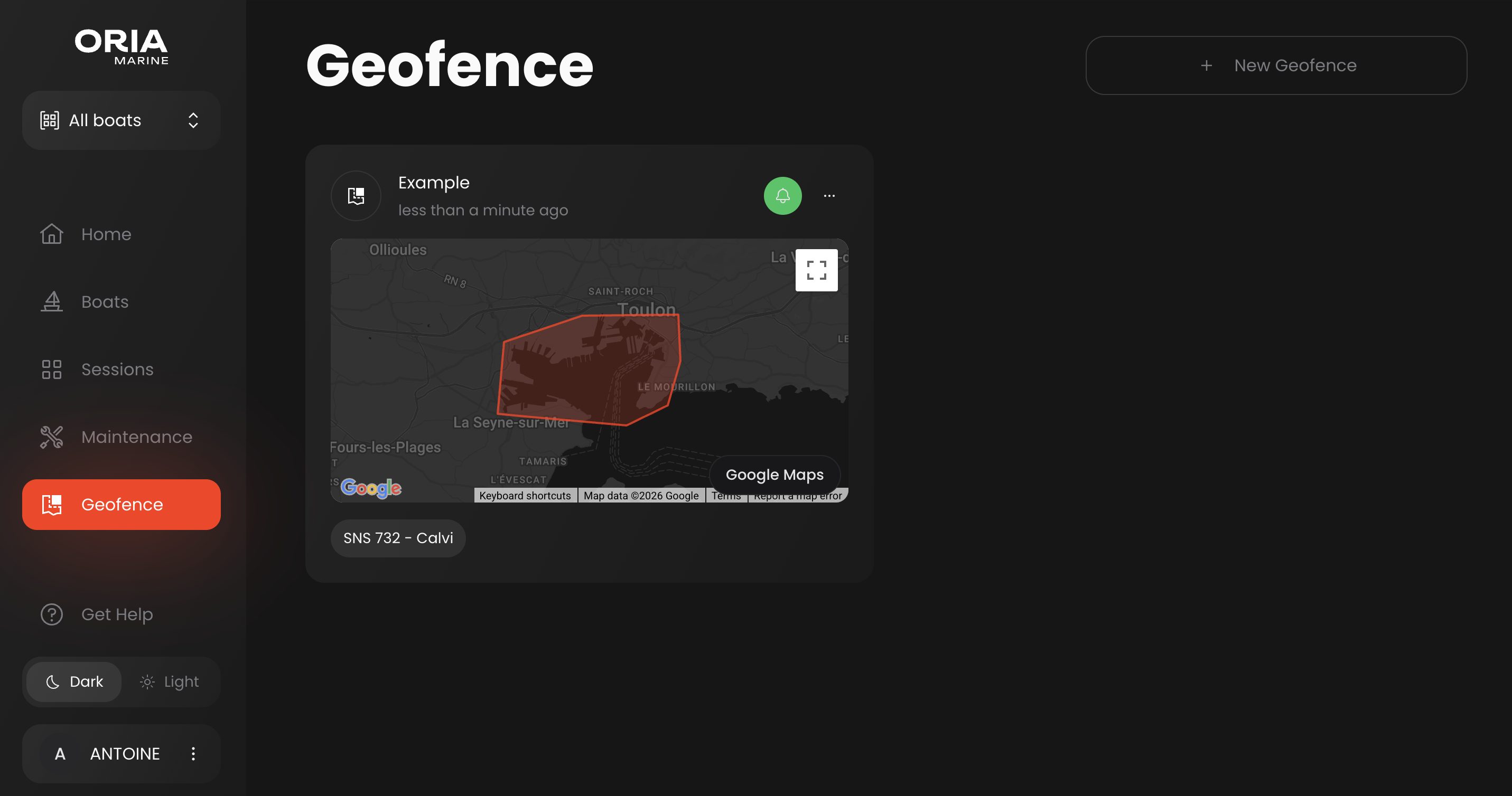A user-drawn geofence polygon over a port in the Oria web app. The polygon highlights the boundary in red.