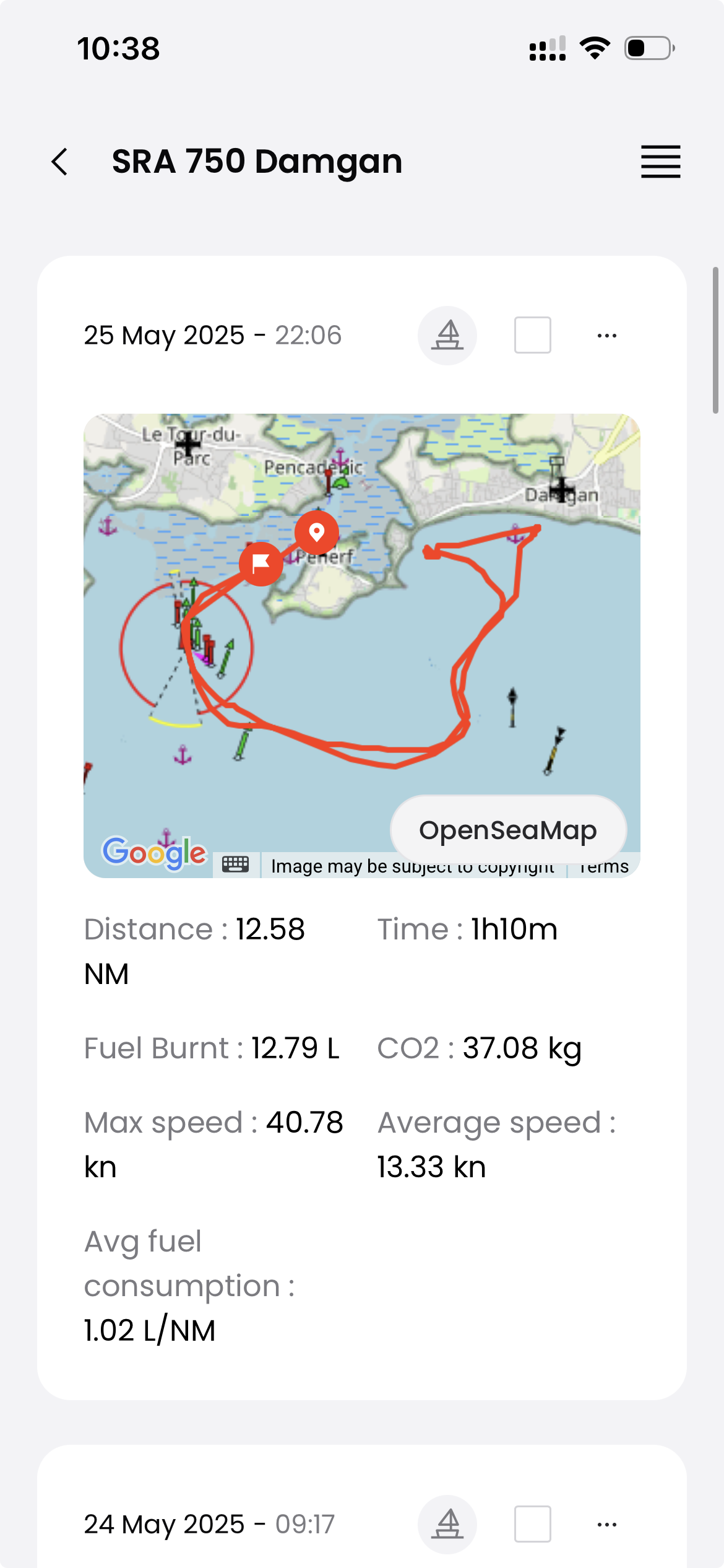 Oria mobile app showing a session on the SRA 750 Damgan: route on a chart, distance, fuel burnt, average speed, and average fuel consumption per nautical mile.